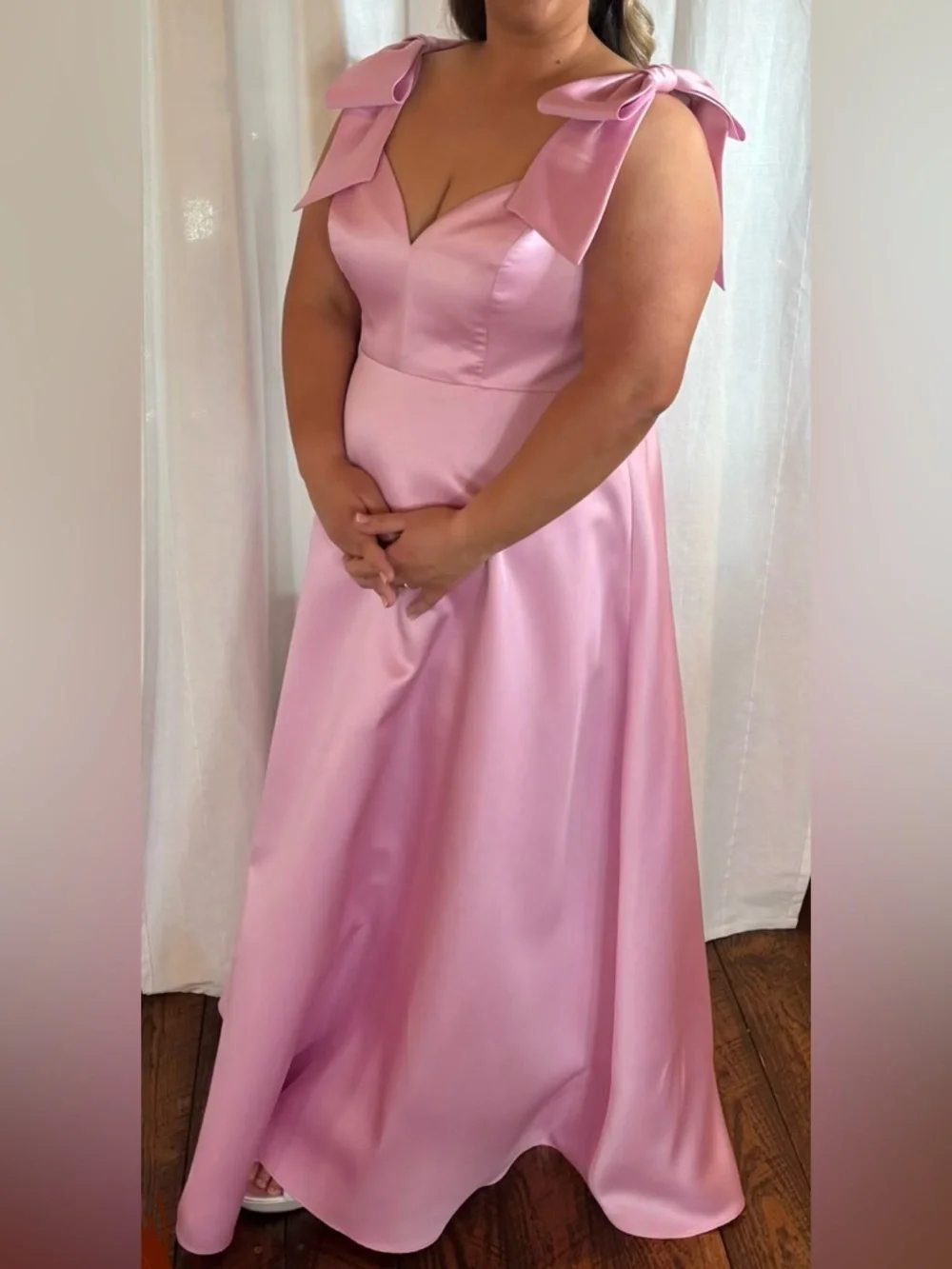 ALFRED SUNG Pink Satin Maxi Dress with Bow Shoulders - Picture 3 of 3